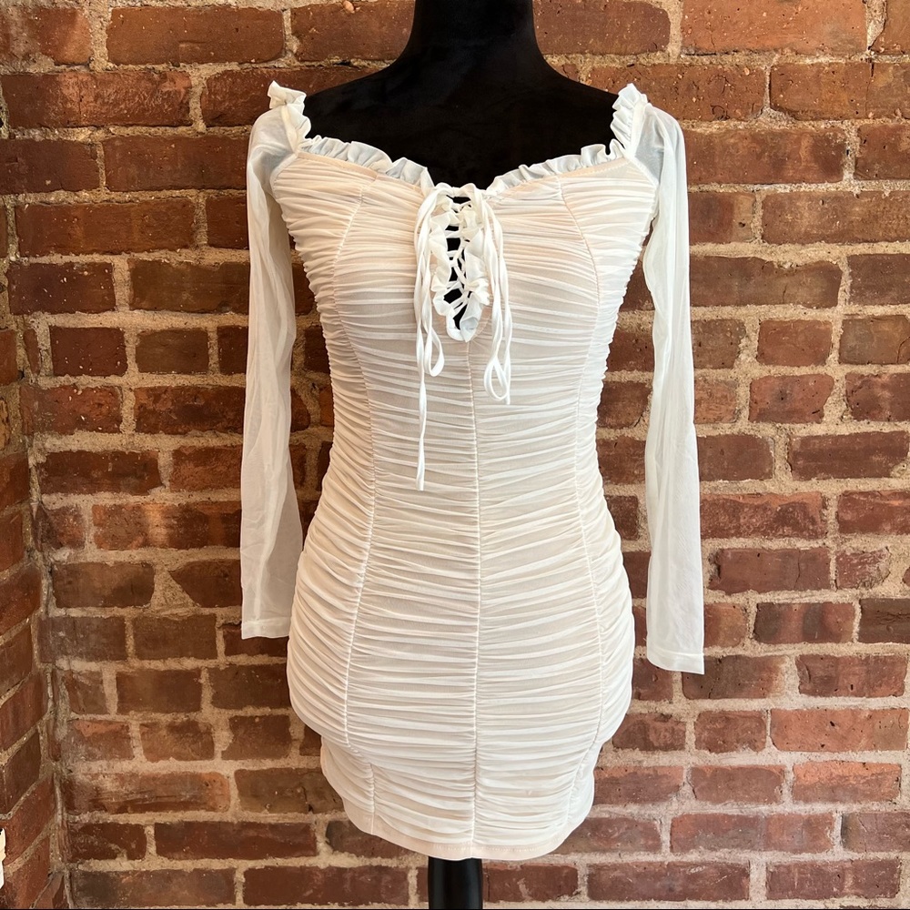 White Ruched Mini Dress - Picture 3 of 8